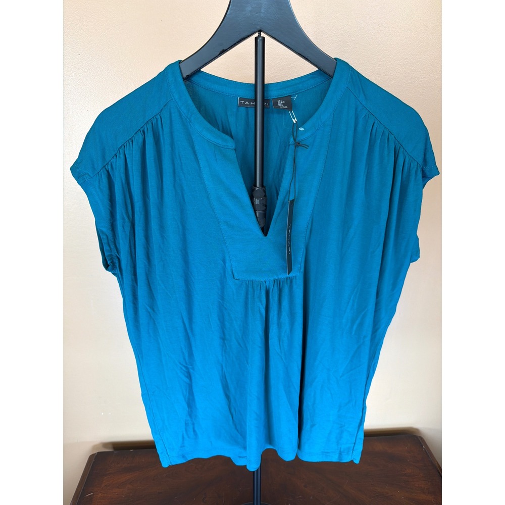 Tahari Womens Teal Blue Split Neck‎ Pleated Cap Sleeve Blouse Top Large NWT